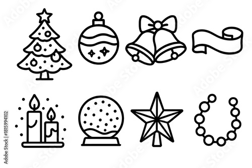Festive Blue Silver Icons. Blue & Silver Celebration linear icon set: decorated tree, shiny baubles, silver bells, satin ribbon, blue candles, glitter snow, star topper, crystal