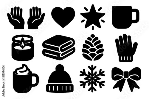 Cozy Kindness Icons. Shared Kindness silhouette icon set : open hands, heart charm, glowing star, tea mug, candle jar, folded blanket, pinecone, wool glove, cozy drink, wool hat
