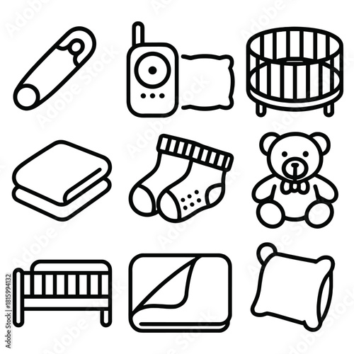 Baby Safety Icons. Baby safety concept linear icon set: safety pin, baby monitor, soft pillow, rounded crib, cover blanket, non-slip socks, guard rail, teddy