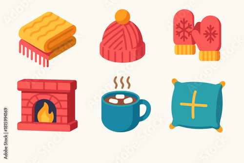 Cozy Winter Icons. Winter Warmth flat icon set: knit throw, wool hat, mittens, fireplace, hot cocoa, pillow