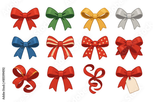 Festive Bow Icons. Festive Bows flat icon set : red satin bow, green ribbon, golden loop, silver knot, blue silk tie, striped bow, polka-dot ribbon, layered fabric bow, glitter