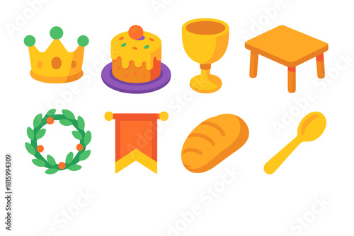 Vibrant Royal Icons. Feast of the Kings flat icon set: king’s crown, cake, goblet, table, wreath, banner, pastry, spoon