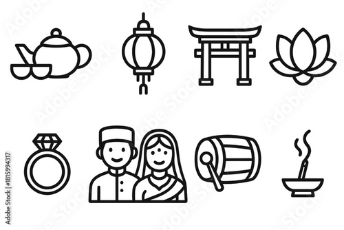 Cultural Celebration Icons. Cultural celebration concept linear icon set: tea set, lantern, temple gate, lotus, bride and groom, drum, ring, incense , detailed clean strokes
