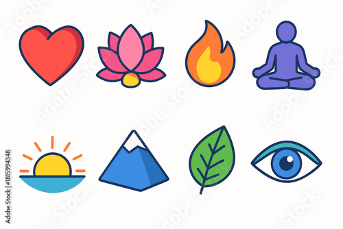 Inner Strength Icon Set. Inner Strength flat icon set: heart, lotus flower, steady flame, meditating figure, sunrise, mountain, leaf, open eye