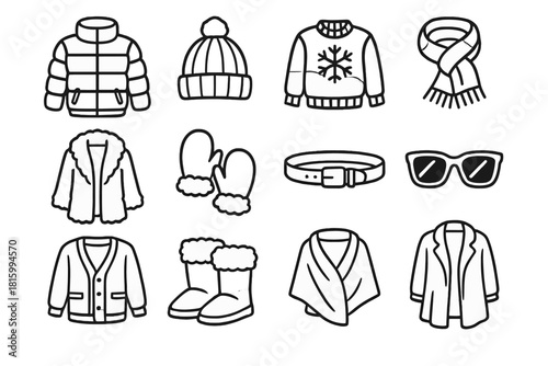 Winter Fashion Icons. Snow Luxe linear icon set : puffer jacket, wool beanie, frosty sweater, shimmer scarf, fluffy coat, soft mittens, silver belt, winter sunglasses, layered