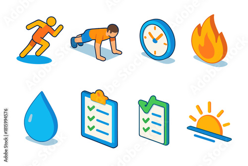 Fitness Icon Set. Fitness Motivation flat icon set: sprinting figure, push-up pose, gym dumbbell, clock for schedule, flame for energy, water drop, checklist board, sunrise horizon