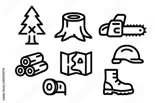 Forest Management Icons. Forest management concept linear icon set: marked tree, stump, chainsaw, measuring tape, wood pile, map, boot, helmet