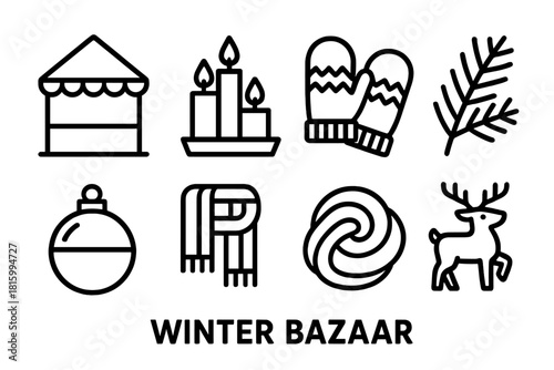 Winter Bazaar Icons. Winter Bazaar linear icon set: market hut, candle set, wool mittens, fir branch, glass ornament, scarf, pastry, reindeer decoration
