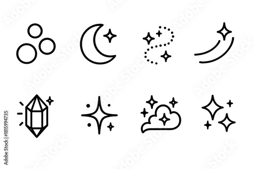 Mystical Icon Set. Magical Glow Set linear icon set: floating orbs, moon sparkle, glitter swirl, light trail, crystal glow, spark burst, misty shine, dreamy stars