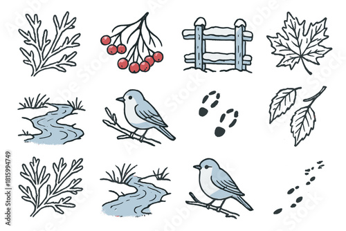 Winter Wonderland Scene. Frozen Nature linear icon set: frosted branches, red berries, snow-covered fence, frozen leaves, icy stream, soft sky gradient, bird on twig, footprints in