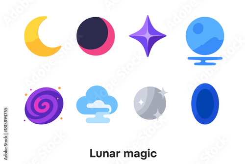 Lunar Icon Collection. Lunar Magic flat icon set: crescent moon phase, lunar eclipse, crystal star, moonlight reflection, galaxy swirl, cloud mist, silver glow, night aura