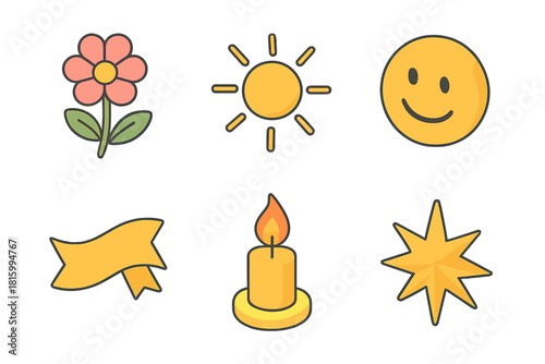 Joyful Icons Collection. Enduring Happiness flat icon set : blooming flower, sunshine beam, smiling face, fluttering ribbon, candle flame, starburst