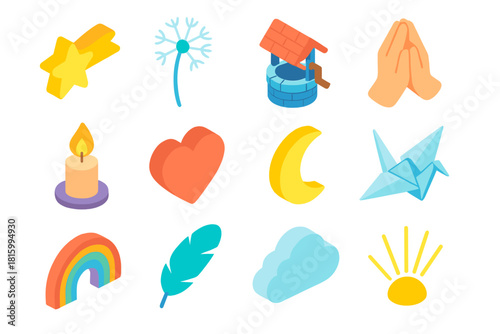 Symbols of Hope. Wish & Hope Symbols Set flat icon set: shooting star, dandelion puff, wishing well, folded hands, candle flame, heart, moon, paper crane, rainbow, feather, cloud