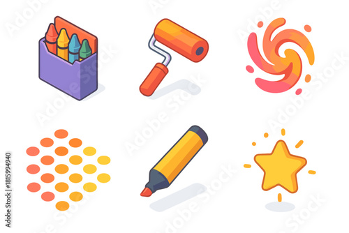 Creative Burst Icons. Creative Burst flat icon set : crayon box, paint roller, splash swirl, bright dot pattern, marker pen, glowing star