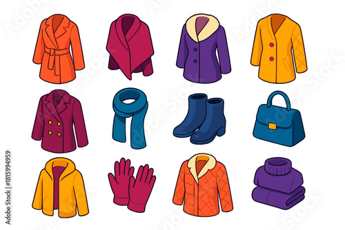 Stylish Winter Icons. Elegant Winter Wear flat icon set: belted coat, cashmere wrap, fur trim collar, button front, quilted sleeve, double-breasted coat, scarf drape, polished