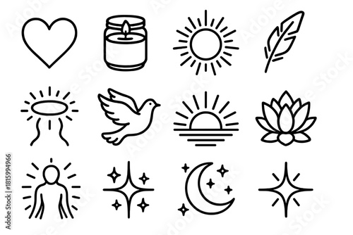 Spiritual Icon Harmony. Graceful Spirit linear icon set : heart, candle jar, radiant light, feather, halo, dove, sunrise glow, lotus bloom, glowing aura, starburst, moonlight, warm
