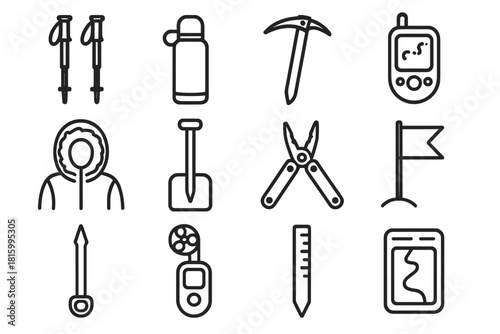 Winter Trek Gear Icons. Mountain Winter Trek Set linear icon set: climbing poles, insulated canteen, ice hammer, GPS handheld, cold-weather hood, snow scraper, multi-tool