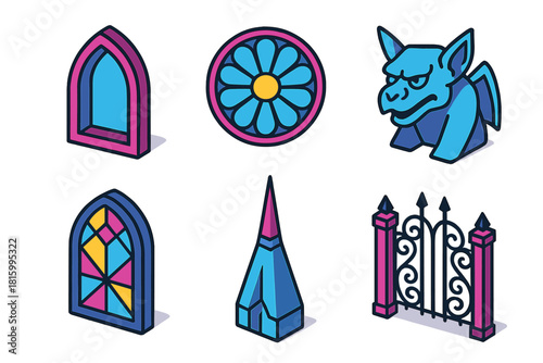Gothic Icon Set. Gothic Ornamentation flat icon set: pointed arch, rose window, gargoyle, spire, stained glass, iron gate