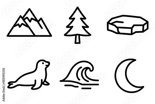 Arctic Icon Set. Arctic Environment linear icon set : snow-covered mountain, pine tree, ice floe, seal, frozen wave, crescent moon