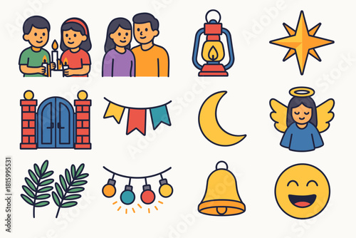 Festive Posadas Icons. Posadas Family Joy flat icon set: children with candles, parents, lantern, star of Bethlehem, house gate, garland, moon, angel, palm leaves, glowing lights