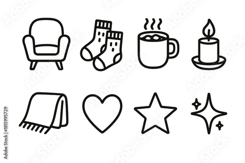 Cozy Winter Icons. Seasonal warmth linear icon set : cozy chair, wool socks, mug of cocoa, candlelight, blanket, heart, star, sparkle