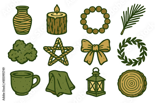 Rustic Decor Icons. Rustic Green Decor silhouette icon set: twine-wrapped vase, bark candle holder, wooden beads, pine sprig, moss, rope star, burlap bow, leaf wreath, ceramic cup