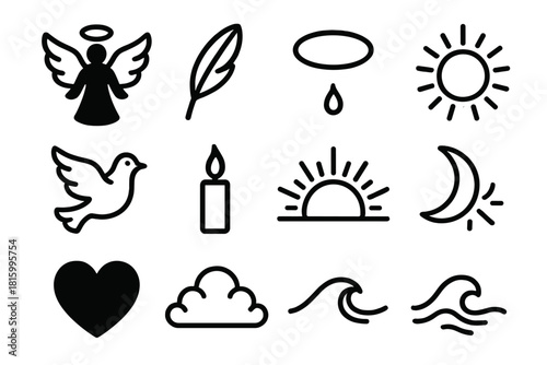 Heavenly Icon Silhouettes. Celestial Being linear icon set : angel silhouette, feather, halo ring, radiant orb, dove, candle flame, sunrise glow, moon beam, golden light, heart