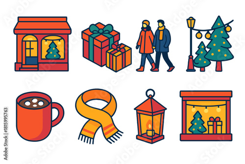 Festive Night Icons. Holiday Night Out flat icon set: glowing shops, wrapped presents, couple walking, street decorations, hot cocoa, scarf, lanterns, window displays