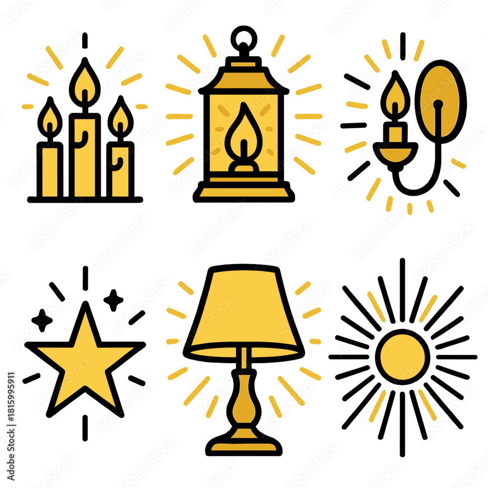 Fototapeta premium Luminescent Icons Ensemble. Golden Radiance linear icon set : candle trio, lantern light, wall sconce, soft lamp shade, star glow, radiant beam