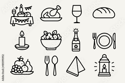 Festive New Year Feast. New Year Shared Meal linear icon set: festive table, roasted dish, wine glass, bread loaf, candlelight, salad bowl, champagne bottle, dinner plates, fruit