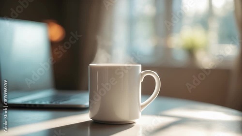 Close-up of a steaming white ceramic coffee mug on a wooden table next to a laptop warm soft lighting illuminating the scene through a window in a cozy indoor setting