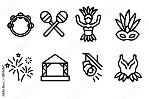 Carnival Celebration Icons. Cultural Celebration linear icon set: tambourine, maracas, samba dancer, carnival hat, fireworks, stage, spotlight, costume