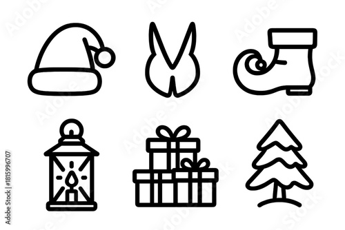 Holiday Icon Set. Magical Helpers linear icon set : Santa hat, reindeer hoof, elf shoe, glowing lantern, present stack, snowy pine