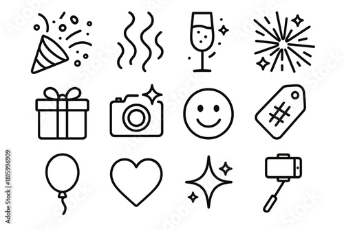 Festive Icon Celebration. Online Festivities linear icon set: confetti, streamers, champagne glass, fireworks, gift box, camera flash, emoji face, hashtag tag, balloon, heart