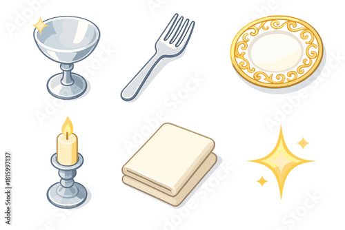 Luxe Tableware Icons. Luxe Arrangement flat icon set : crystal cup, silver fork, ornate plate, candle holder, folded linen, gleaming accent