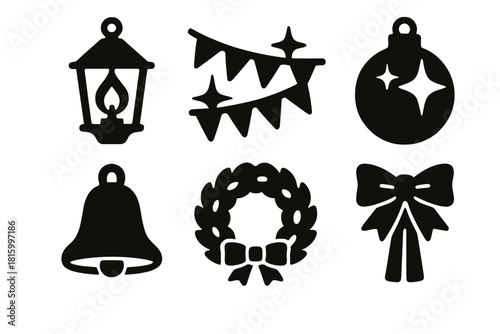 Brutalist Festive Ornaments. Festive Ornaments silhouette icon set: lantern light, shiny garland, glitter ball, festive bell, wreath, ribbon tassel