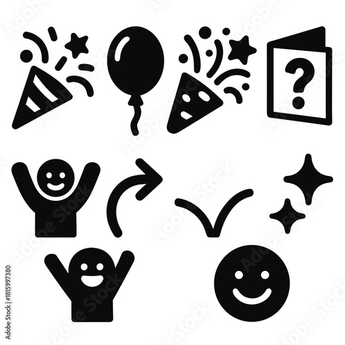 Brutalist Surprise Icons. Surprise Activities silhouette icon set: party popper, balloon, confetti shower, surprise card, excited figure, curved arrow, bounce line, smile spark