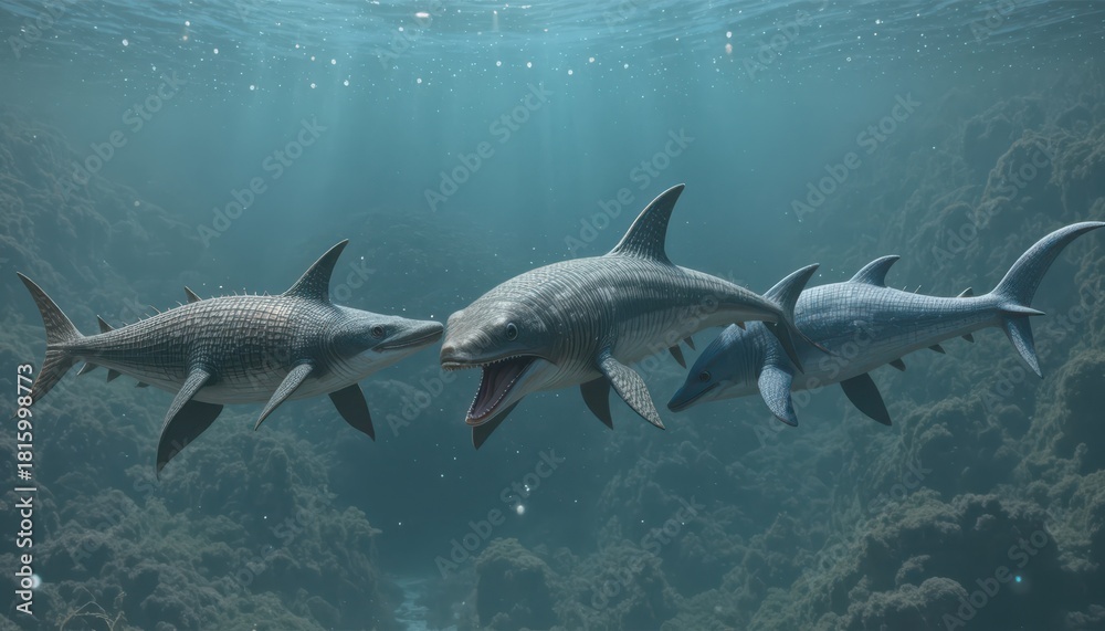 Fototapeta premium A group of prehistoric ichthyosaurs swimming in the ocean depths rendered with detail creating an