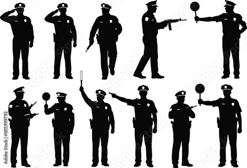 Flat vector illustration of police officer silhouettes, law enforcement poses, black design, public safety, traffic control, tactical action concept
