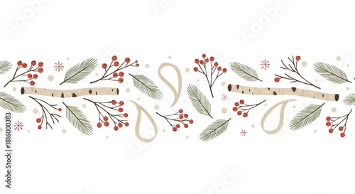 Delicate Winter Border with Festive Berries, Birch Twigs, and Pine Needles for Seasonal Decorations and Greeting Cards