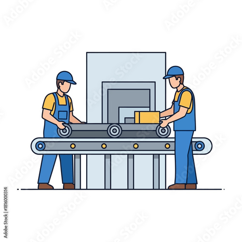 Two workers operating a conveyor belt system in a factory, processing packages.
