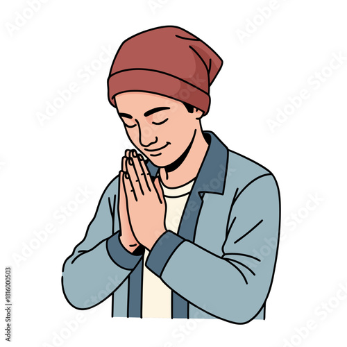 Young man with closed eyes and hands clasped in gratitude gesture  