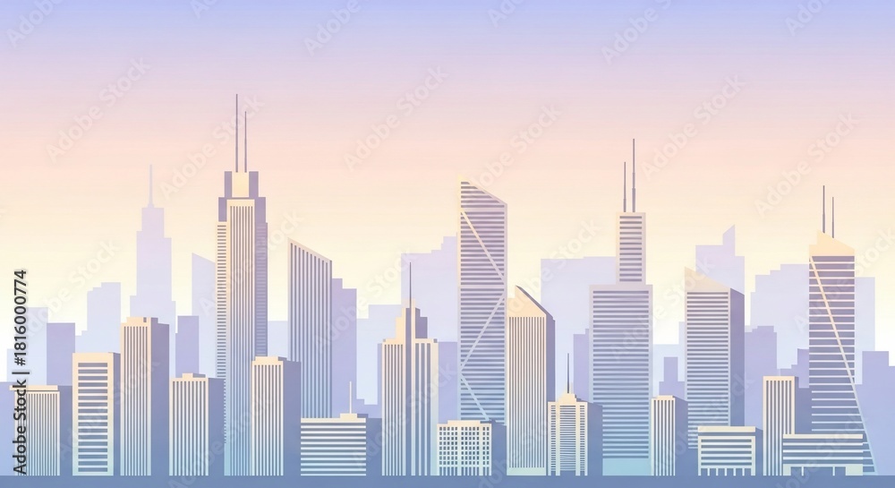 Fototapeta premium Abstract City Skyline Vector Art with Pastel Gradient Sky and Modern Skyscraper Silhouettes.