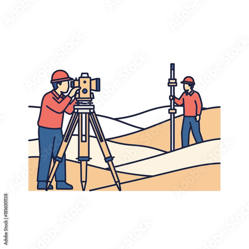 Two land surveyors using a total station and leveling rod in an outdoor landscape.
