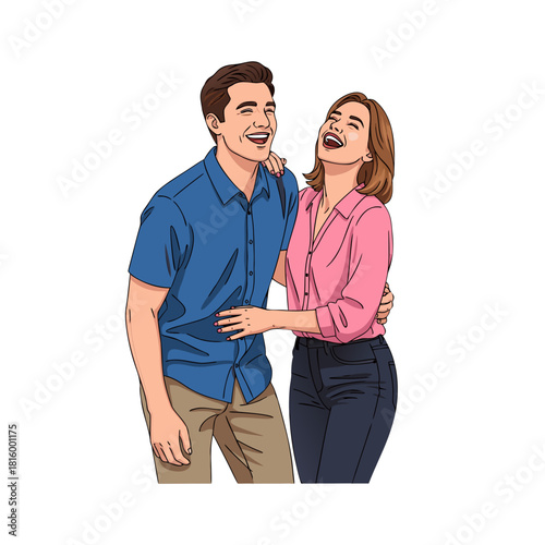 Young couple laughing joyfully while embracing in casual attire  