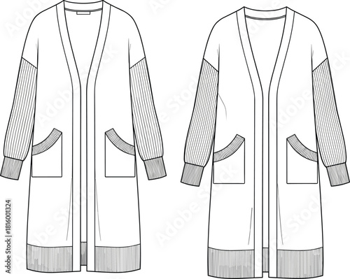 Flat vector technical fashion sketch of long cardigan, ribbed sleeve detail, front back view, cozy outerwear design, apparel template