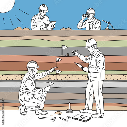 Illustration of geologists examining rock layers and taking notes.