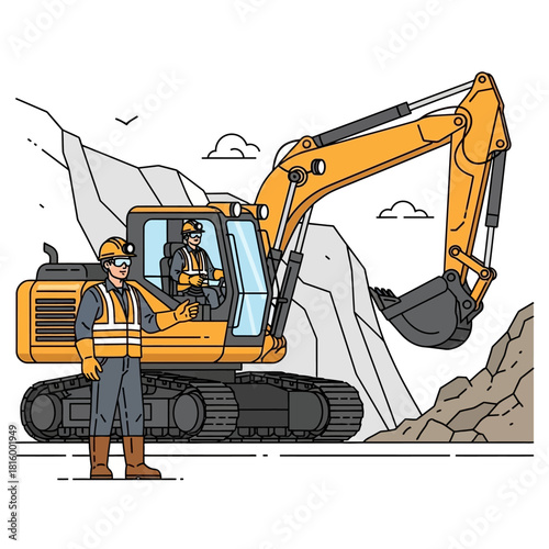 Construction workers operating a large yellow excavator at a rocky mining or quarry site, illustrating heavy industry and earthmoving.