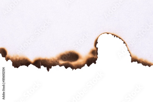 Fotografie White paper with burnt edge detail and dark scorch marks, isolated on white background with clipping path