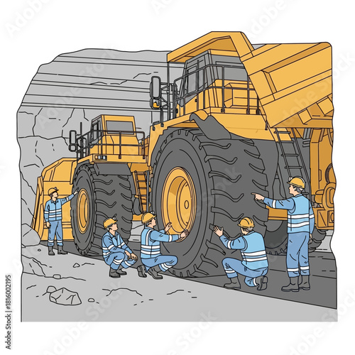 Team of industrial workers in uniform inspecting the giant tires of a yellow haul truck in an open-pit mine.